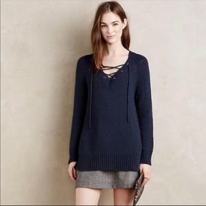 Anthropologie Navy Lace-up Sweater